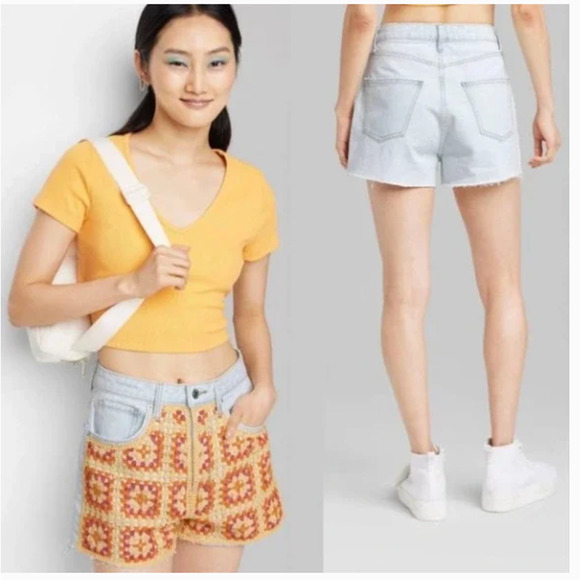 Wild Fable Highest Rise Cut Off Jean Shorts Crochet Front 18 - Picture 1 of 11